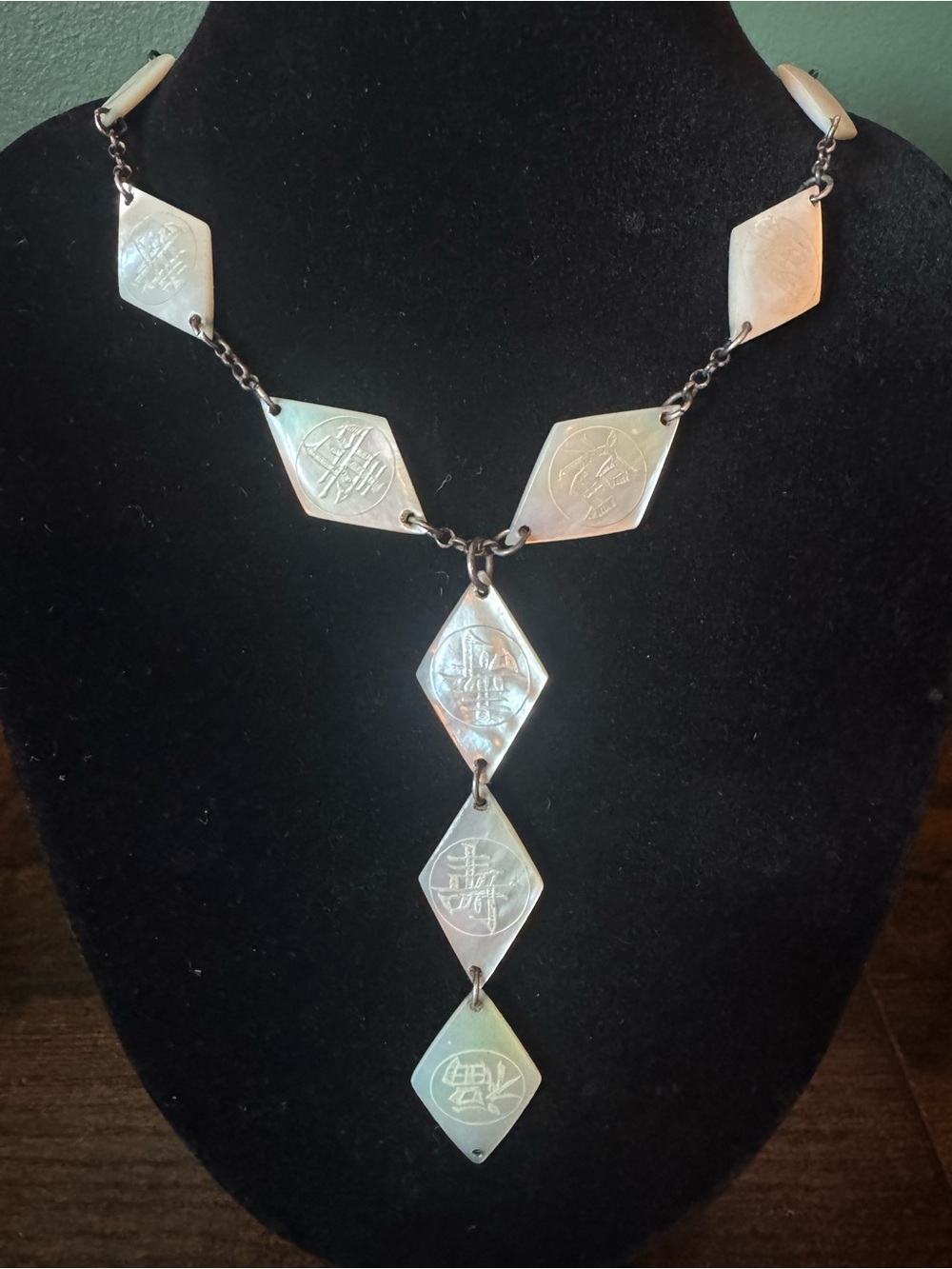 Vintage Chinese Export Mother of Pearl Lavalier Necklace Carved Characters As Is